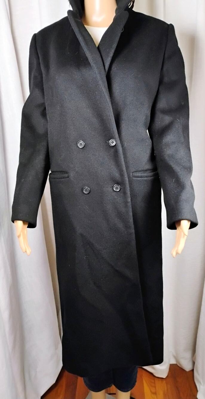 JG Hook Womens Long Black Wool Coat Double Breasted USA Made Union Classic L